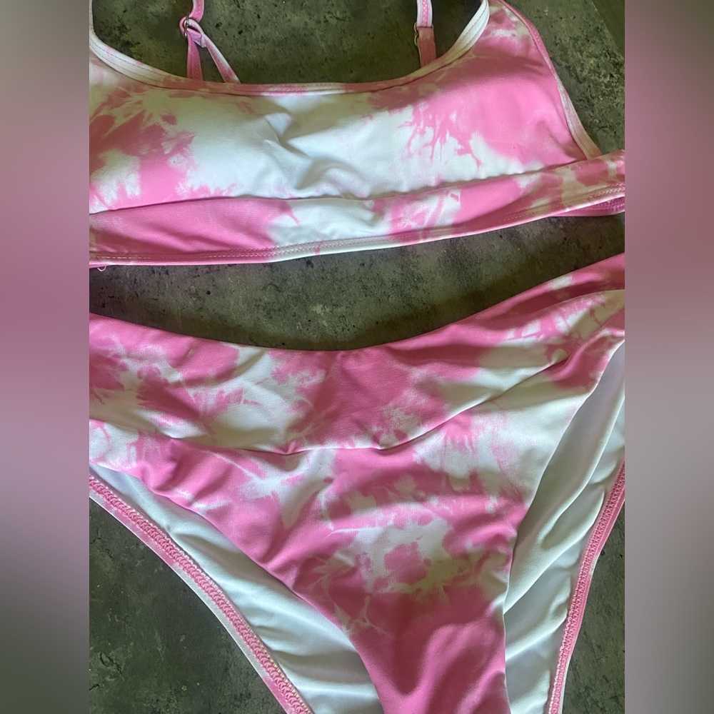 pink and white tie dye two piece swimsuit